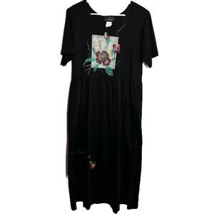 Vintage L.A. Artwear Dress 80s Art to Wear 100% Cotton Roses Pockets Black M